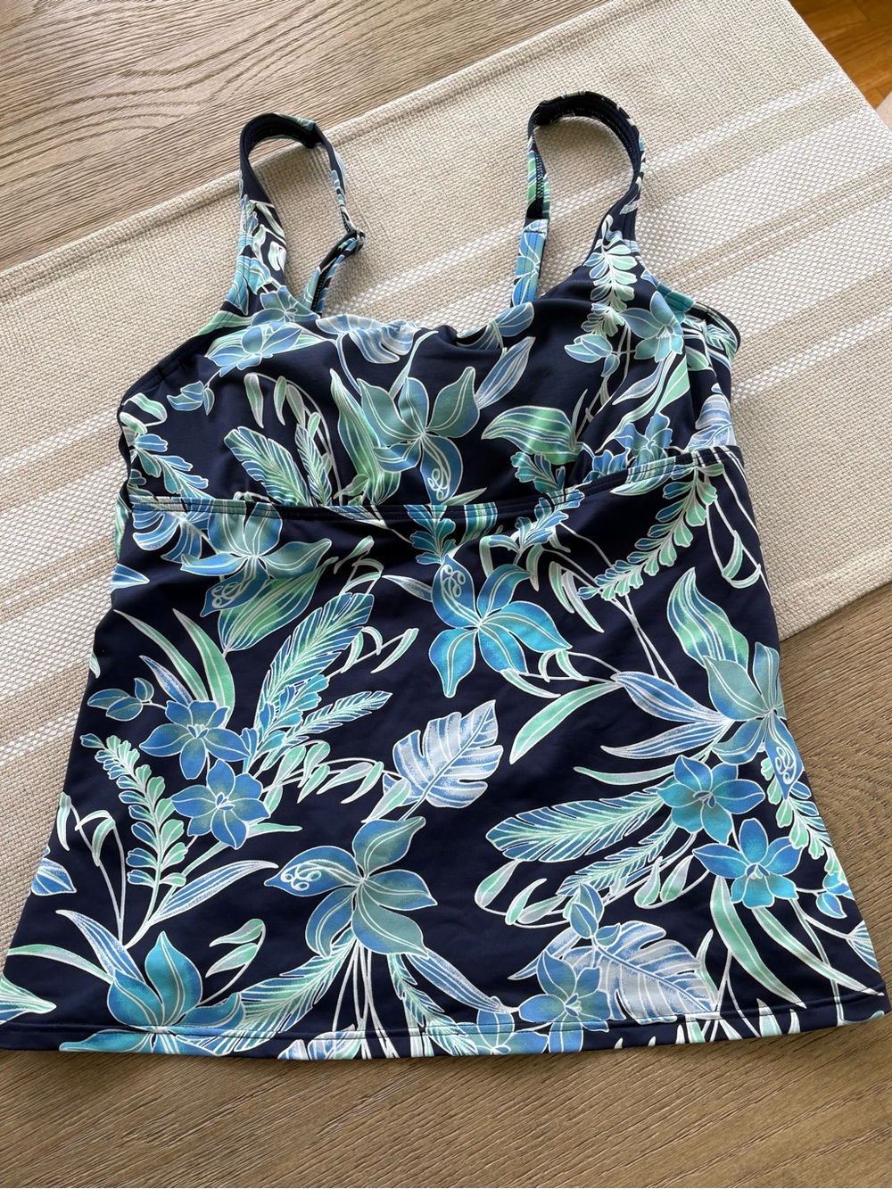 Lands' End Navy Tank with Blue and Green Tropical Floral